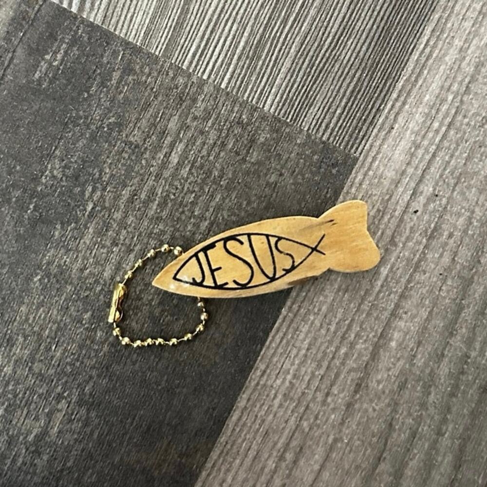 Wooden Jesus fish keychain